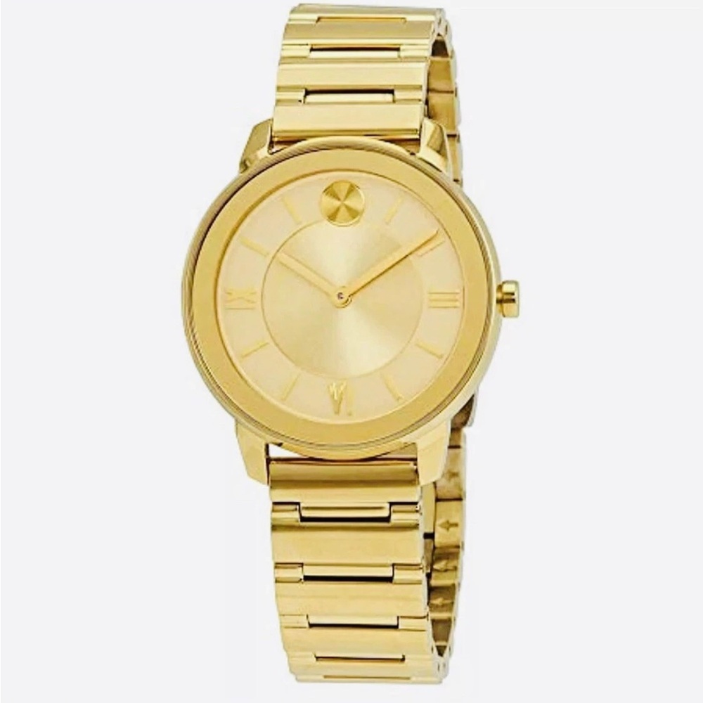 New Movado Bold Gold PVD Ladies 32mm Sunray Dial Watch 3600591
